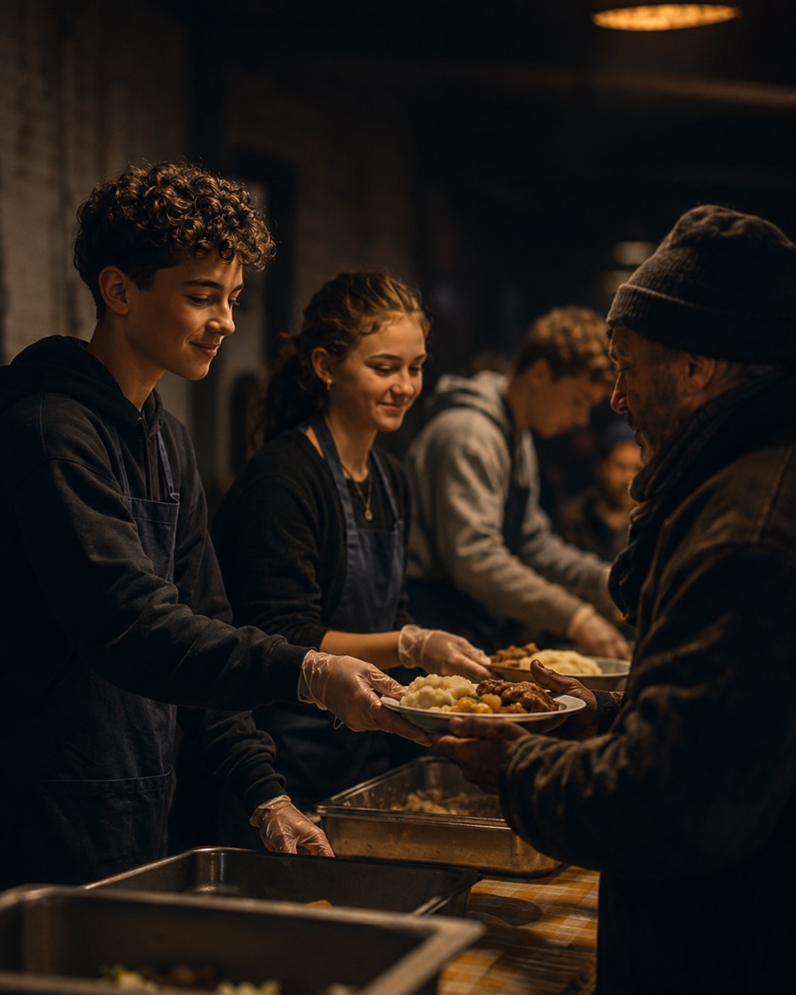 Students serving a warm meal at a community meal-service event
